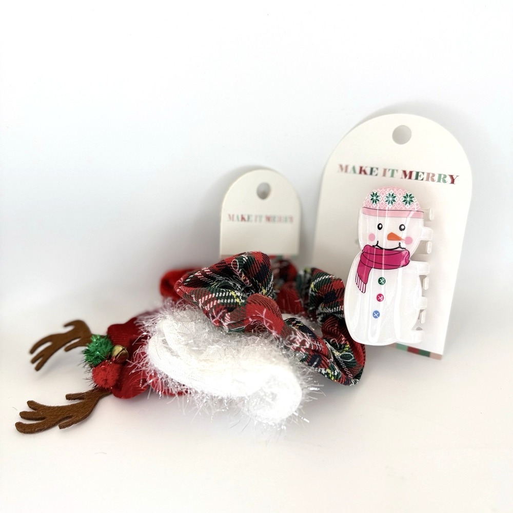 Make It Merry Christmas Hair Scrunchies & Snowman Claw Clip Holiday Set NWT